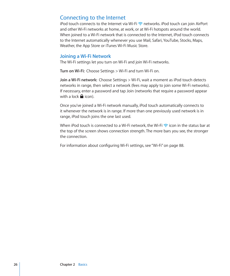 Connecting to the internet, 26 connecting to the internet, Joining a wi-fi network | Apple iPod touch iOS 2.0 User Manual | Page 26 / 120