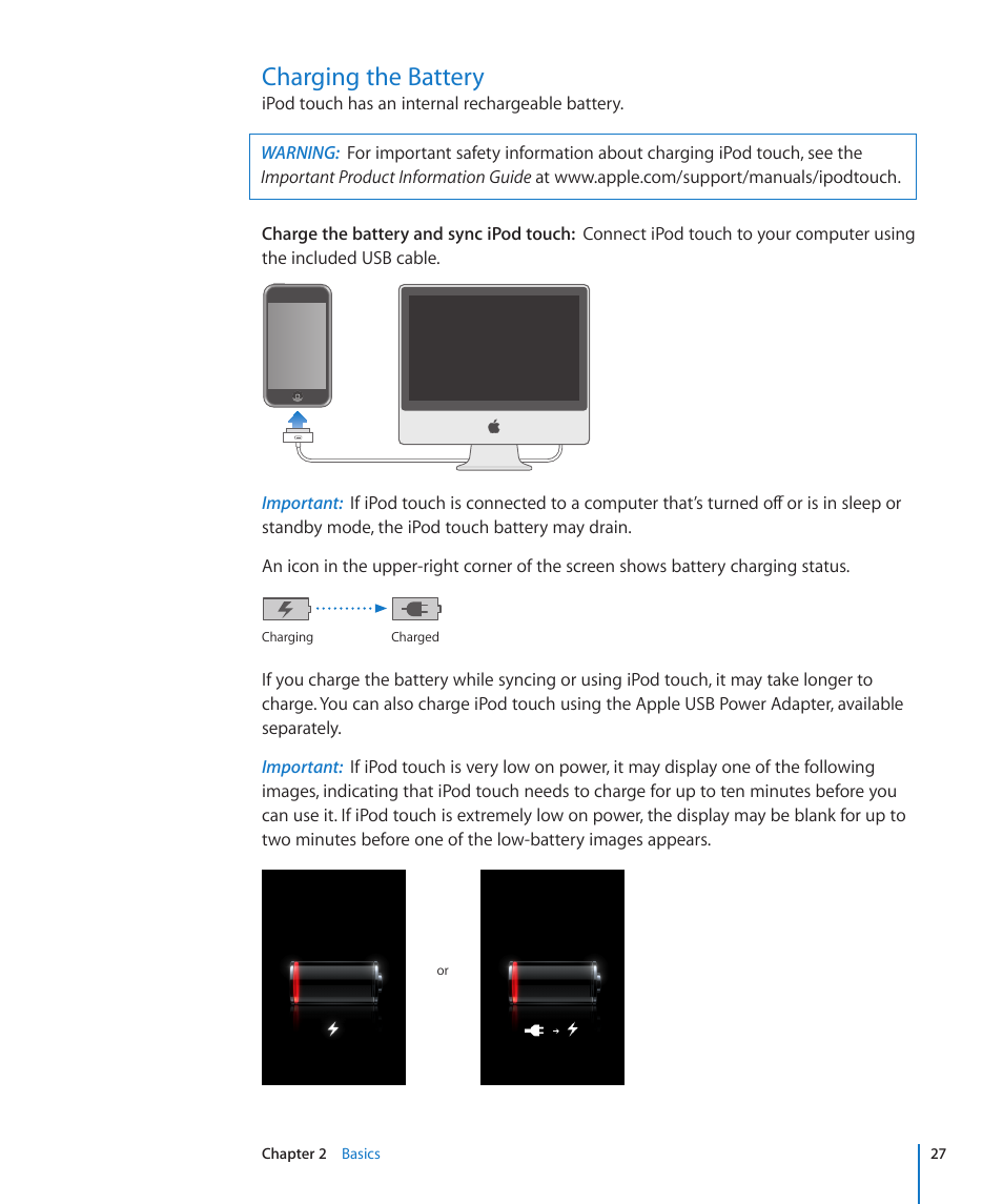 Charging the battery, 27 charging the battery | Apple iPod touch iOS 2.0 User Manual | Page 27 / 120
