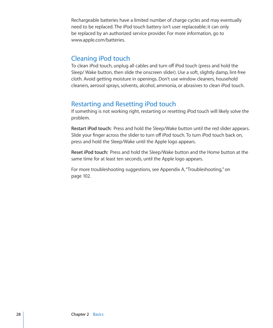 Cleaning ipod touch, Restarting and resetting ipod touch | Apple iPod touch iOS 2.0 User Manual | Page 28 / 120