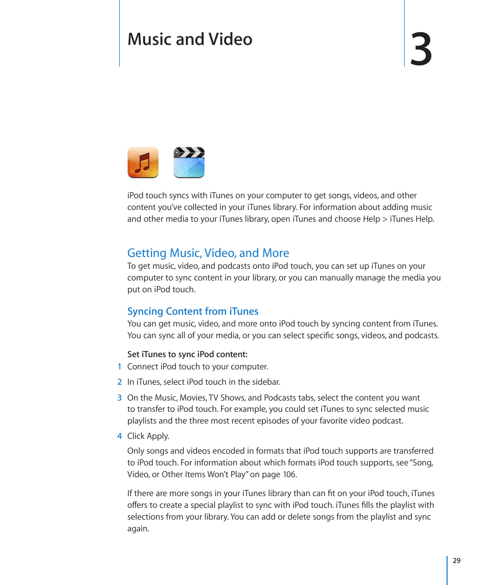 Chapter 3: music and video, Getting music, video, and more, 29 getting music, video, and more | Music and video | Apple iPod touch iOS 2.0 User Manual | Page 29 / 120