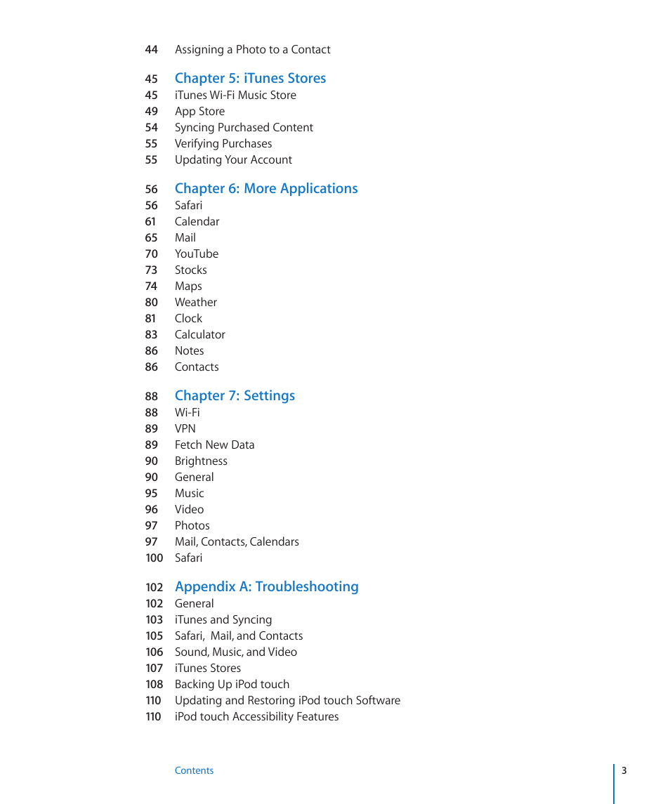 Chapter 5: itunes stores, Chapter 6: more applications, Chapter 7: settings | Appendix a: troubleshooting | Apple iPod touch iOS 2.0 User Manual | Page 3 / 120