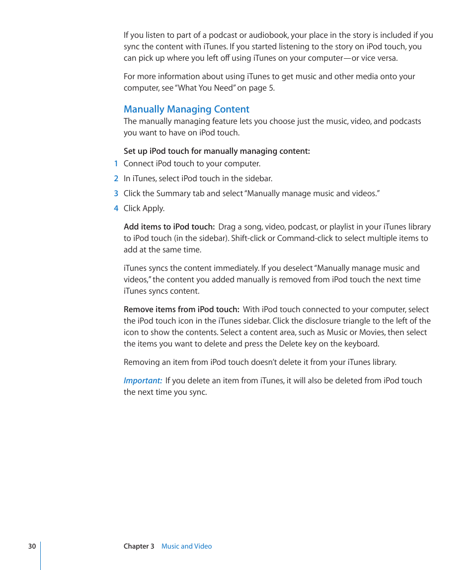 Manually managing content | Apple iPod touch iOS 2.0 User Manual | Page 30 / 120