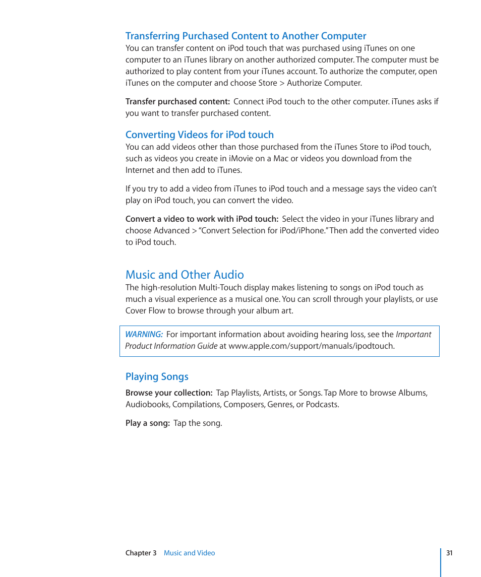 Music and other audio | Apple iPod touch iOS 2.0 User Manual | Page 31 / 120
