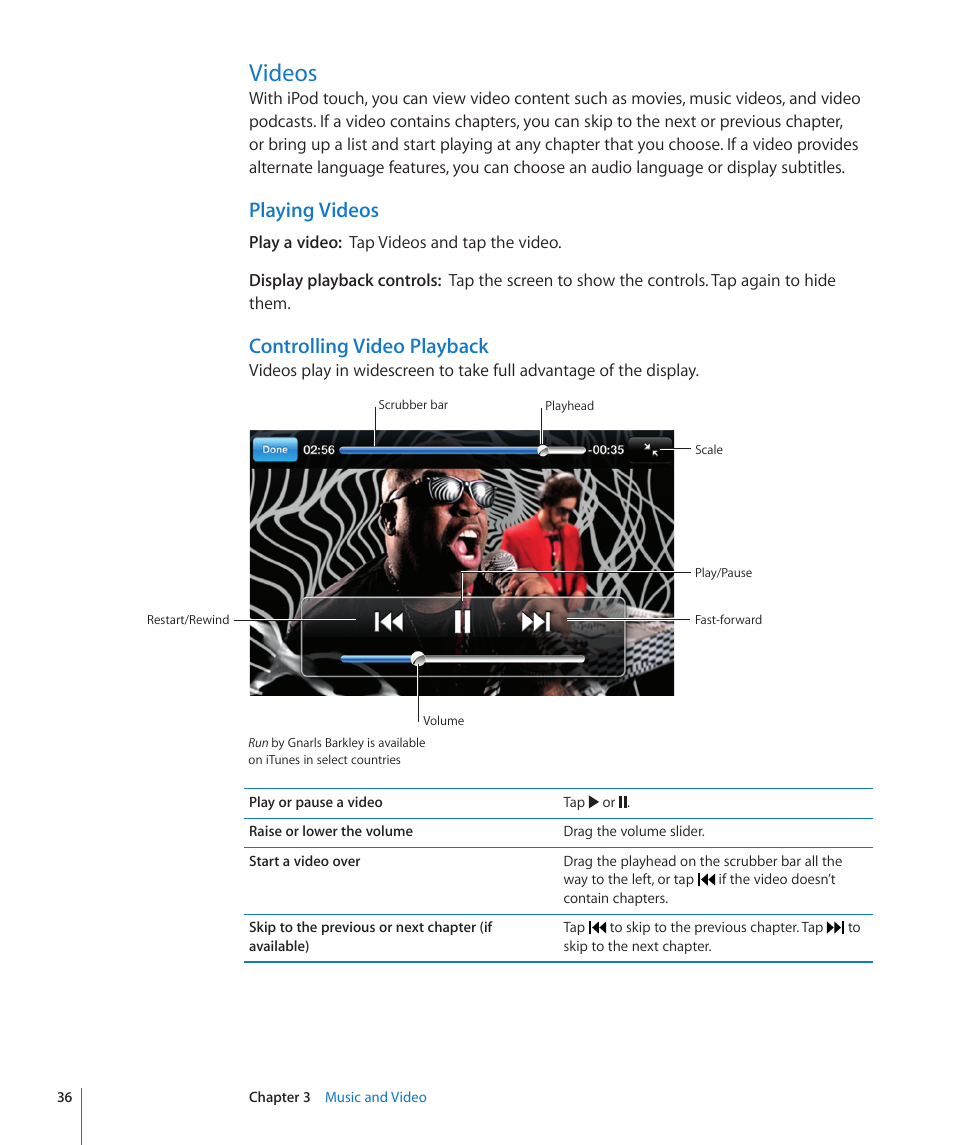 Videos, 36 videos, Playing videos | Controlling video playback | Apple iPod touch iOS 2.0 User Manual | Page 36 / 120