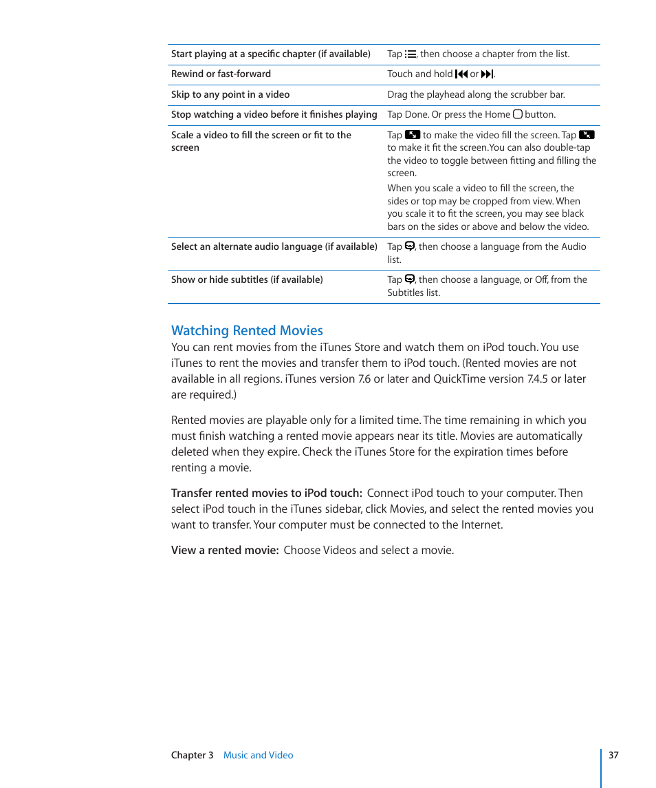 Watching rented movies | Apple iPod touch iOS 2.0 User Manual | Page 37 / 120