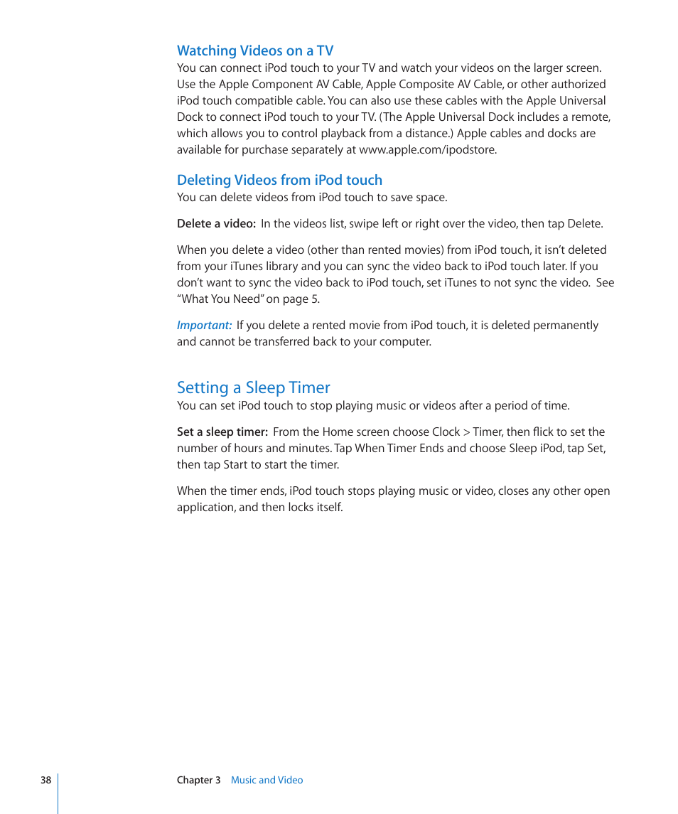 Setting a sleep timer, 38 setting a sleep timer, Watching videos on a tv | Deleting videos from ipod touch | Apple iPod touch iOS 2.0 User Manual | Page 38 / 120