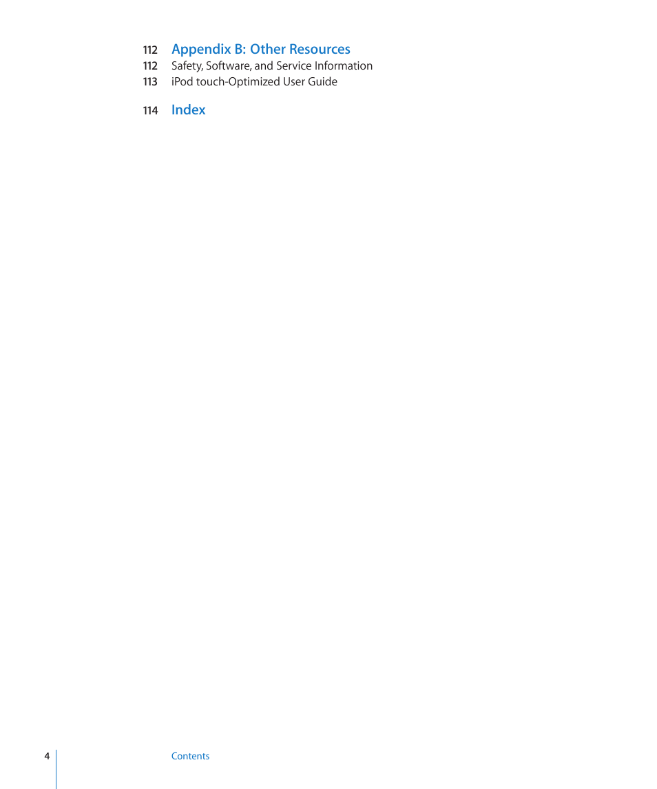 Appendix b: other resources, Index | Apple iPod touch iOS 2.0 User Manual | Page 4 / 120