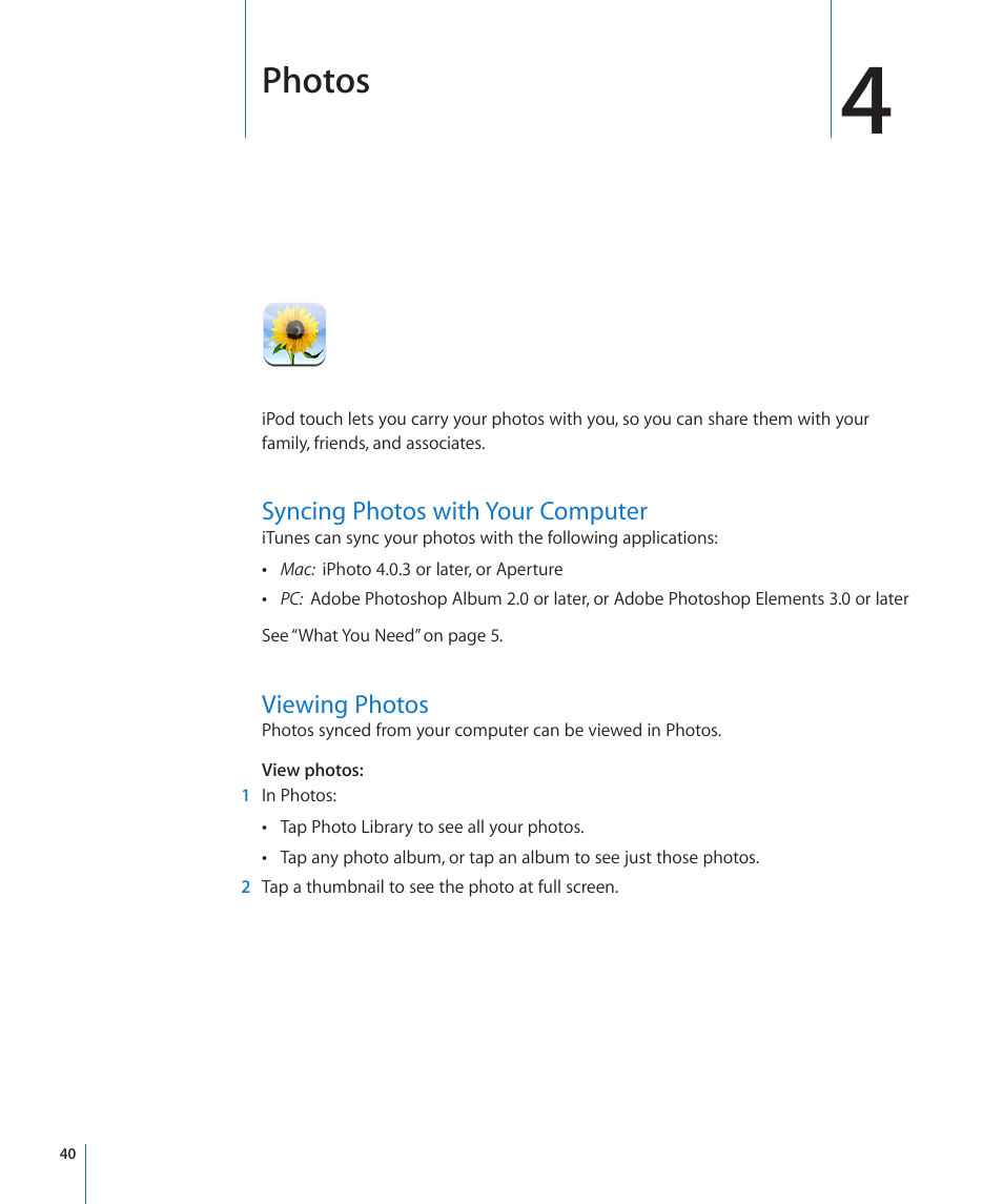 Chapter 4: photos, Syncing photos with your computer, Viewing photos | Photos | Apple iPod touch iOS 2.0 User Manual | Page 40 / 120