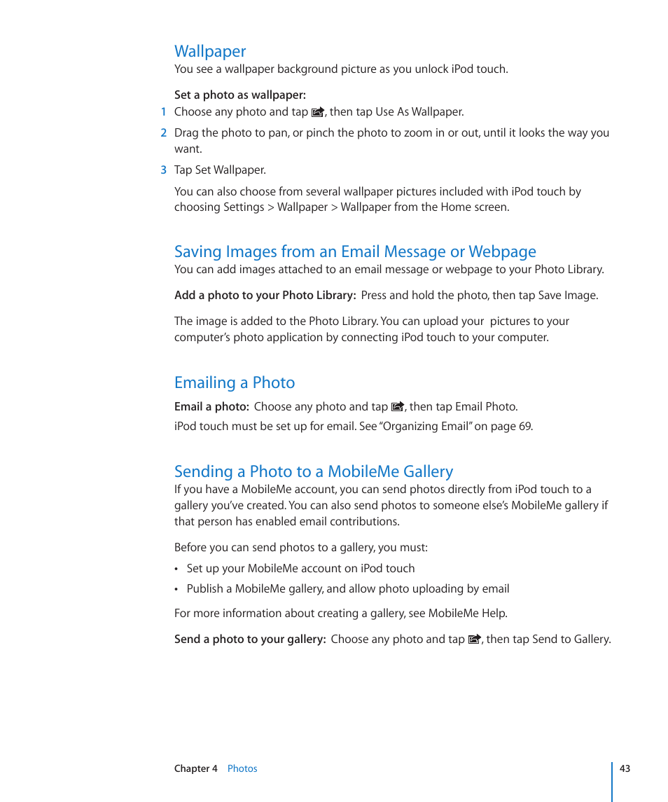 Wallpaper, Emailing a photo, Sending a photo to a mobileme gallery | Saving images from an email message or webpage | Apple iPod touch iOS 2.0 User Manual | Page 43 / 120