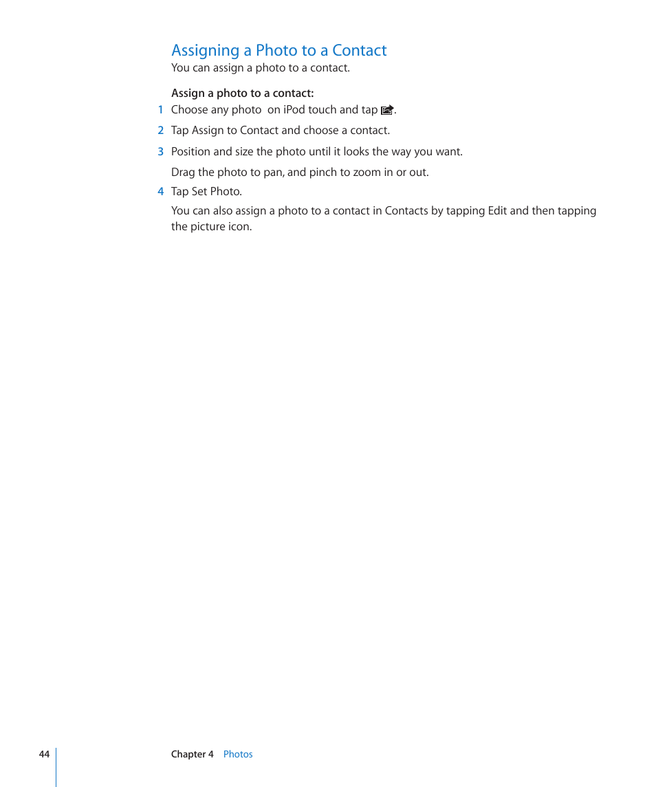 Assigning a photo to a contact, 44 assigning a photo to a contact | Apple iPod touch iOS 2.0 User Manual | Page 44 / 120