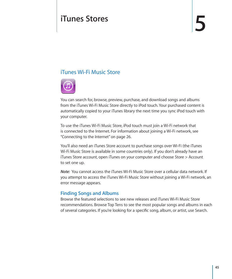 Chapter 5: itunes stores, Itunes wi-fi music store, 45 itunes wi-fi music store | Itunes stores | Apple iPod touch iOS 2.0 User Manual | Page 45 / 120
