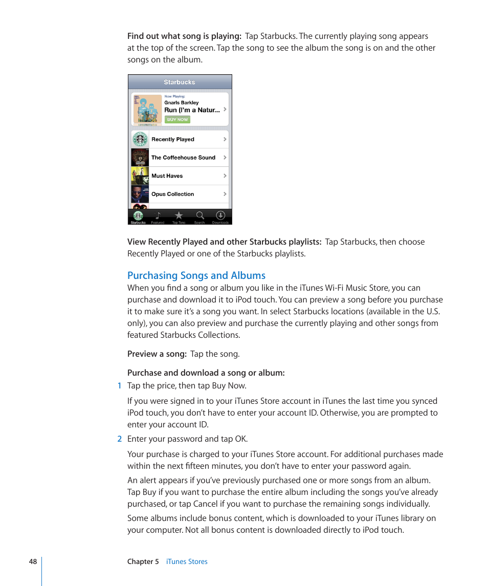 Purchasing songs and albums | Apple iPod touch iOS 2.0 User Manual | Page 48 / 120