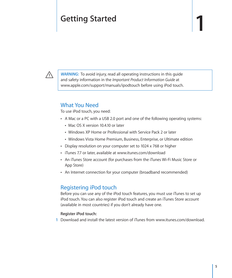 Chapter 1: getting started, What you need, Registering ipod touch | Getting started | Apple iPod touch iOS 2.0 User Manual | Page 5 / 120