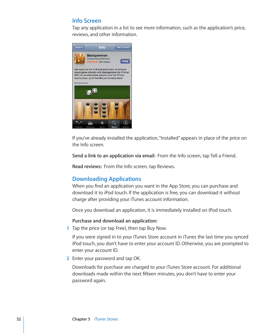 Info screen, Downloading applications | Apple iPod touch iOS 2.0 User Manual | Page 52 / 120