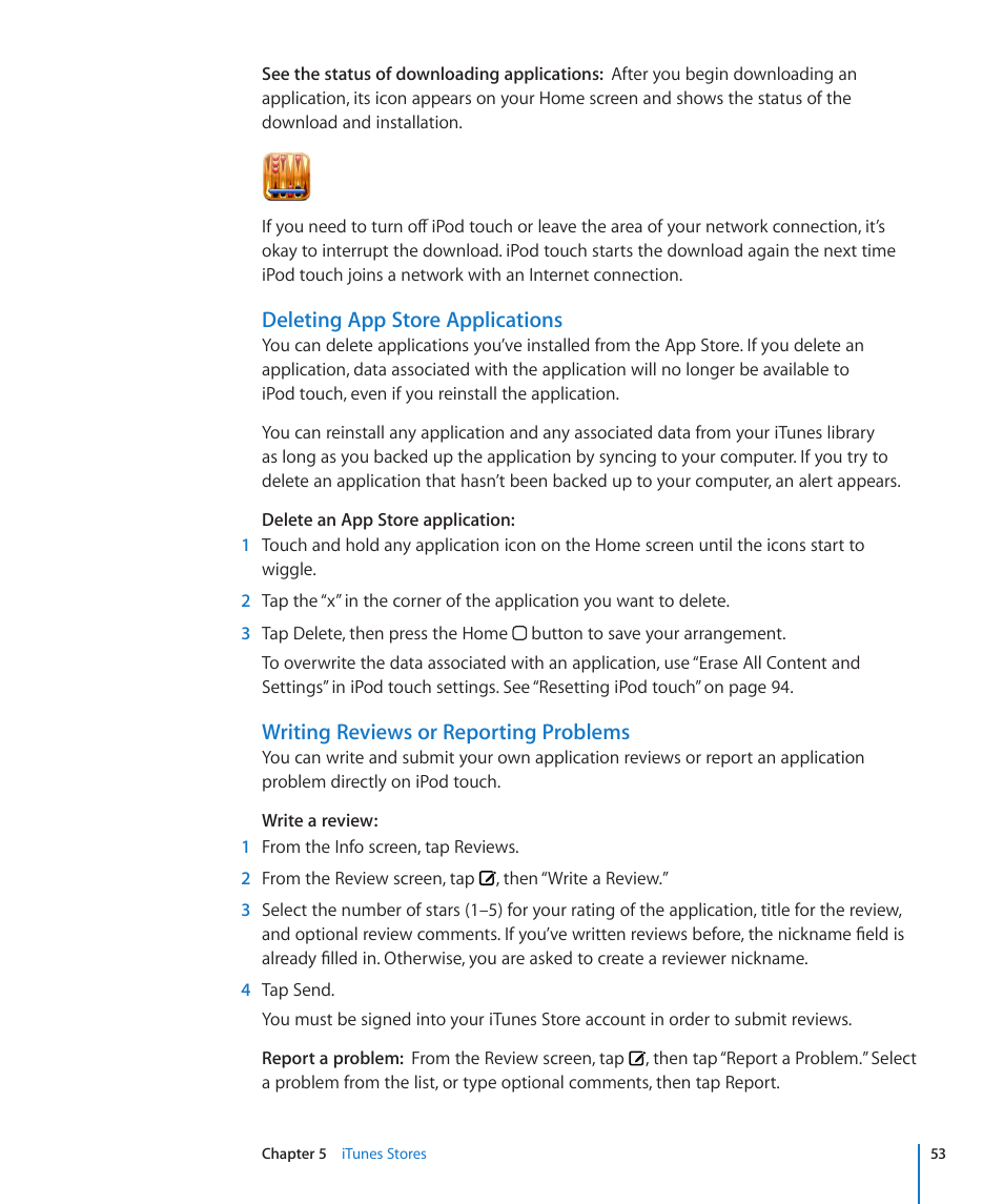 Deleting app store applications, Writing reviews or reporting problems | Apple iPod touch iOS 2.0 User Manual | Page 53 / 120