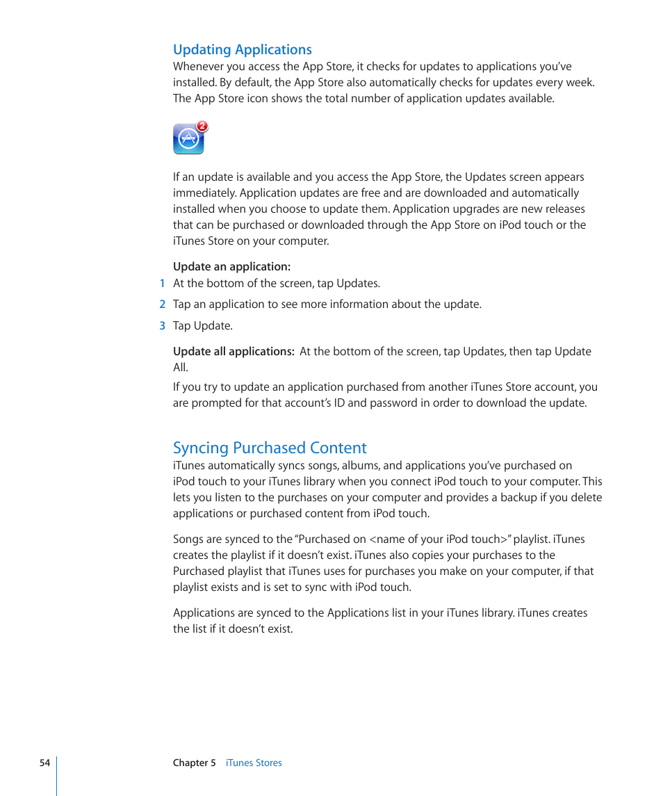 Syncing purchased content, 54 syncing purchased content, Updating applications | Apple iPod touch iOS 2.0 User Manual | Page 54 / 120