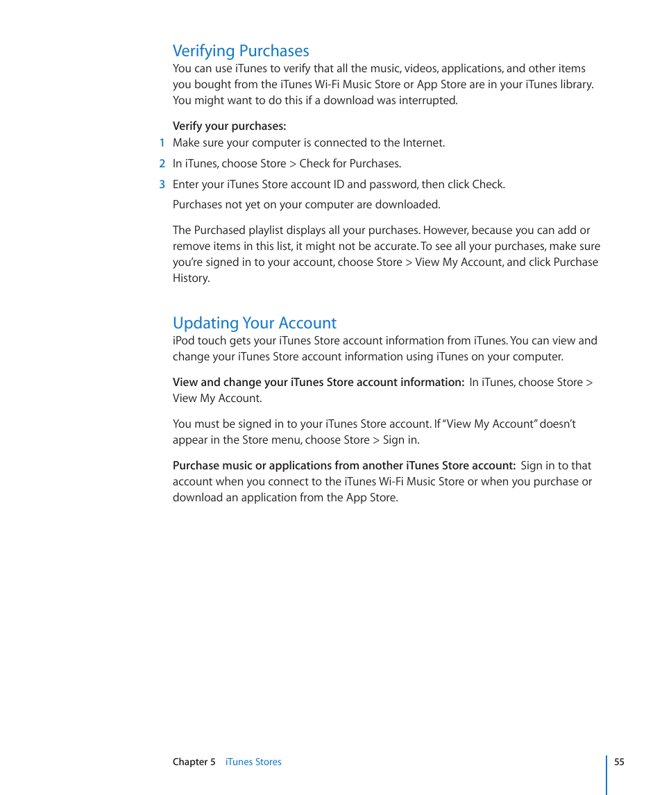 Verifying purchases, Updating your account, 55 verifying purchases 55 updating your account | Apple iPod touch iOS 2.0 User Manual | Page 55 / 120