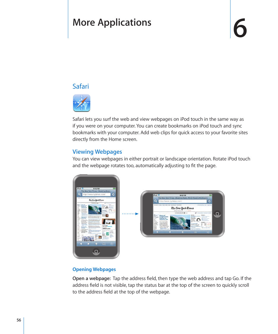 Chapter 6: more applications, Safari, 56 safari | More applications | Apple iPod touch iOS 2.0 User Manual | Page 56 / 120