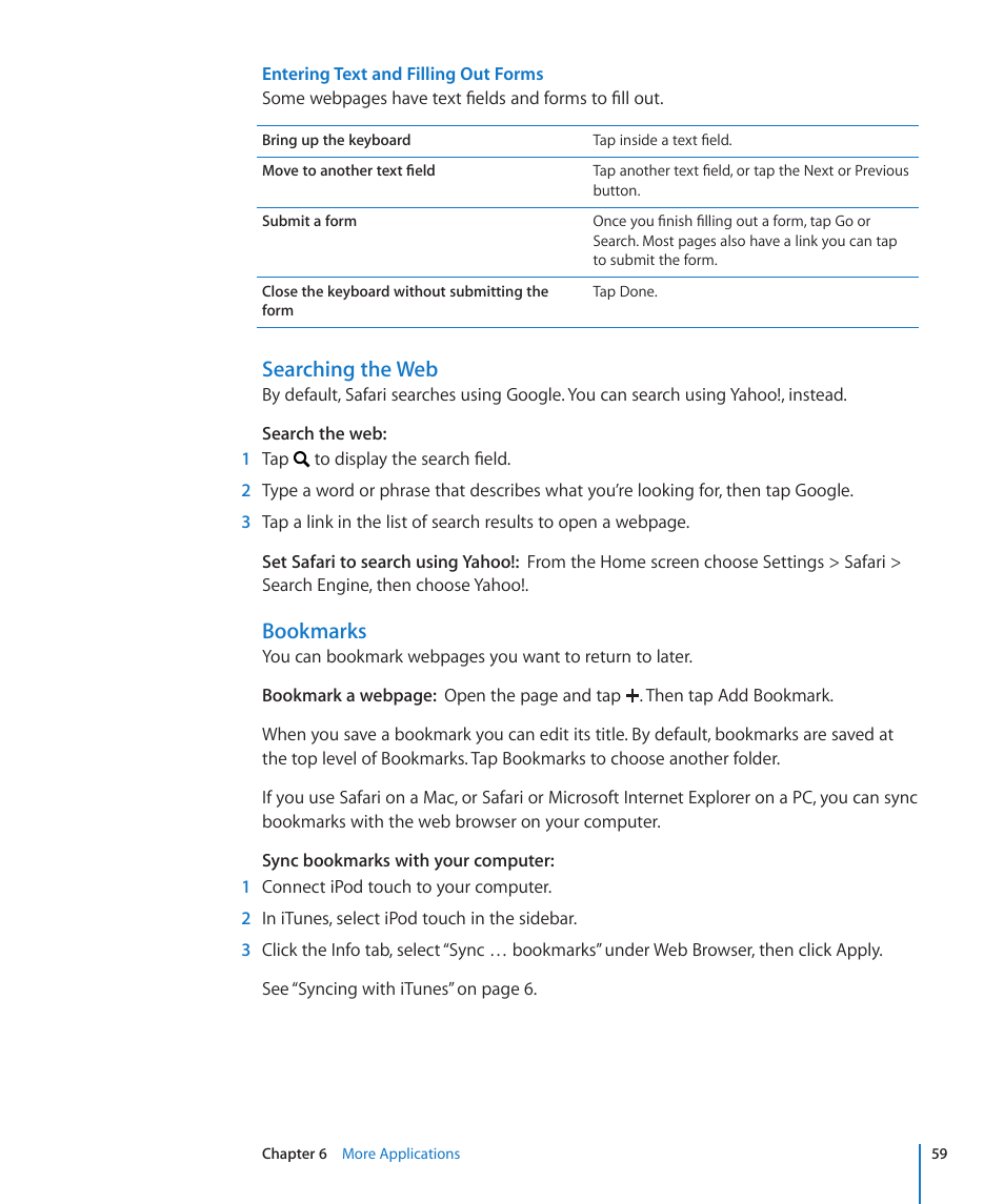Searching the web, Bookmarks | Apple iPod touch iOS 2.0 User Manual | Page 59 / 120