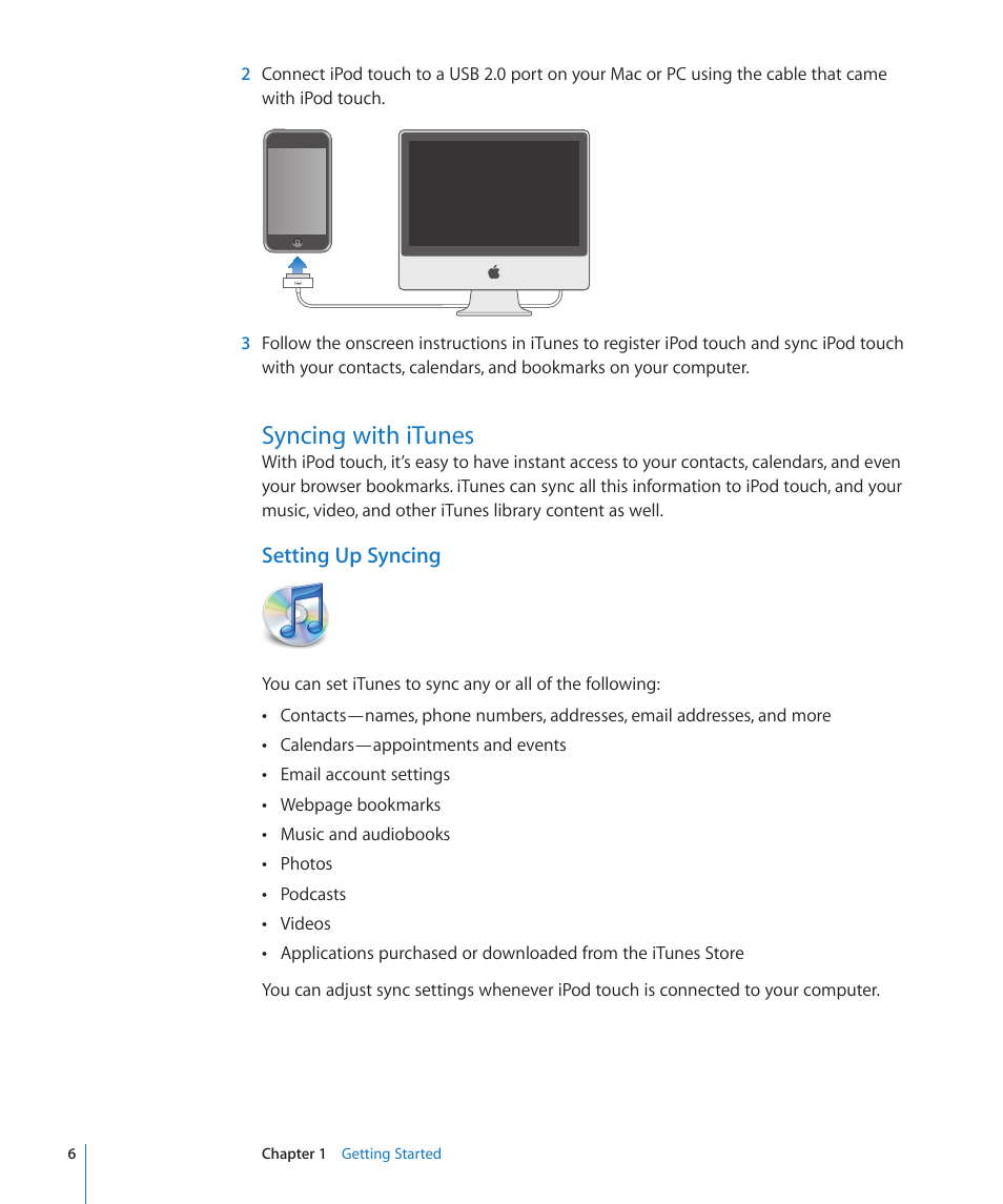 Syncing with itunes, Setting up syncing | Apple iPod touch iOS 2.0 User Manual | Page 6 / 120