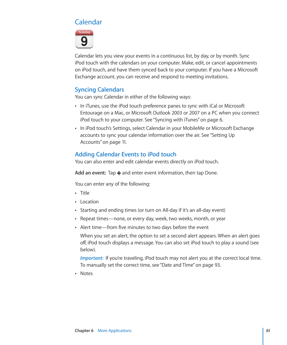 Calendar, Syncing calendars, Adding calendar events to ipod touch | Apple iPod touch iOS 2.0 User Manual | Page 61 / 120