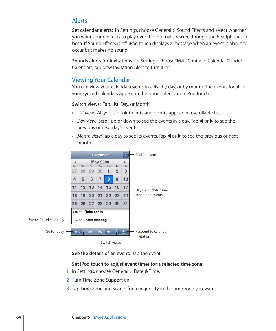 Alerts, Viewing your calendar | Apple iPod touch iOS 2.0 User Manual | Page 64 / 120