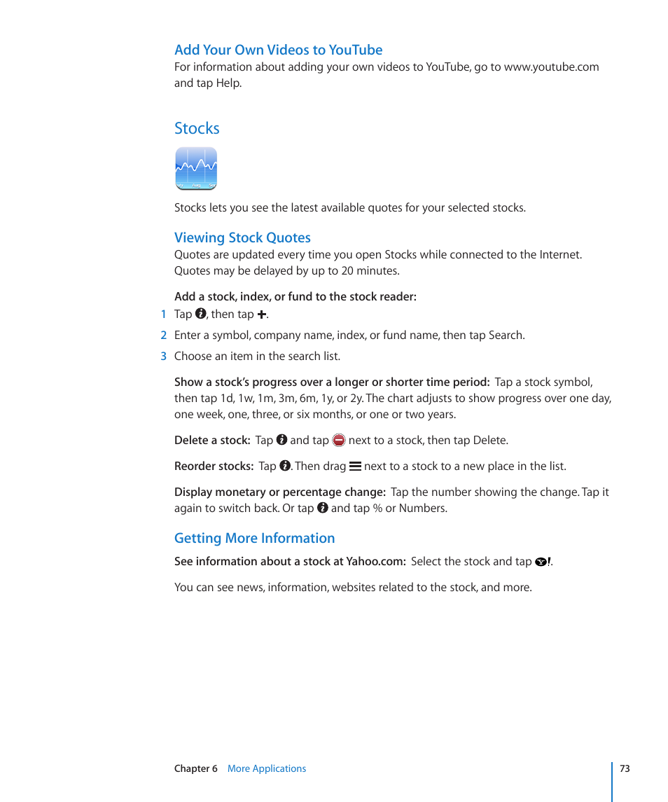 Stocks, 73 stocks, Add your own videos to youtube | Viewing stock quotes, Getting more information | Apple iPod touch iOS 2.0 User Manual | Page 73 / 120