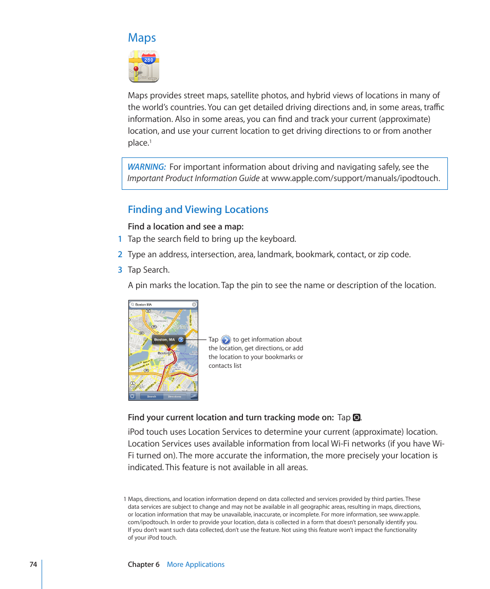 Maps, 74 maps, Finding and viewing locations | Apple iPod touch iOS 2.0 User Manual | Page 74 / 120