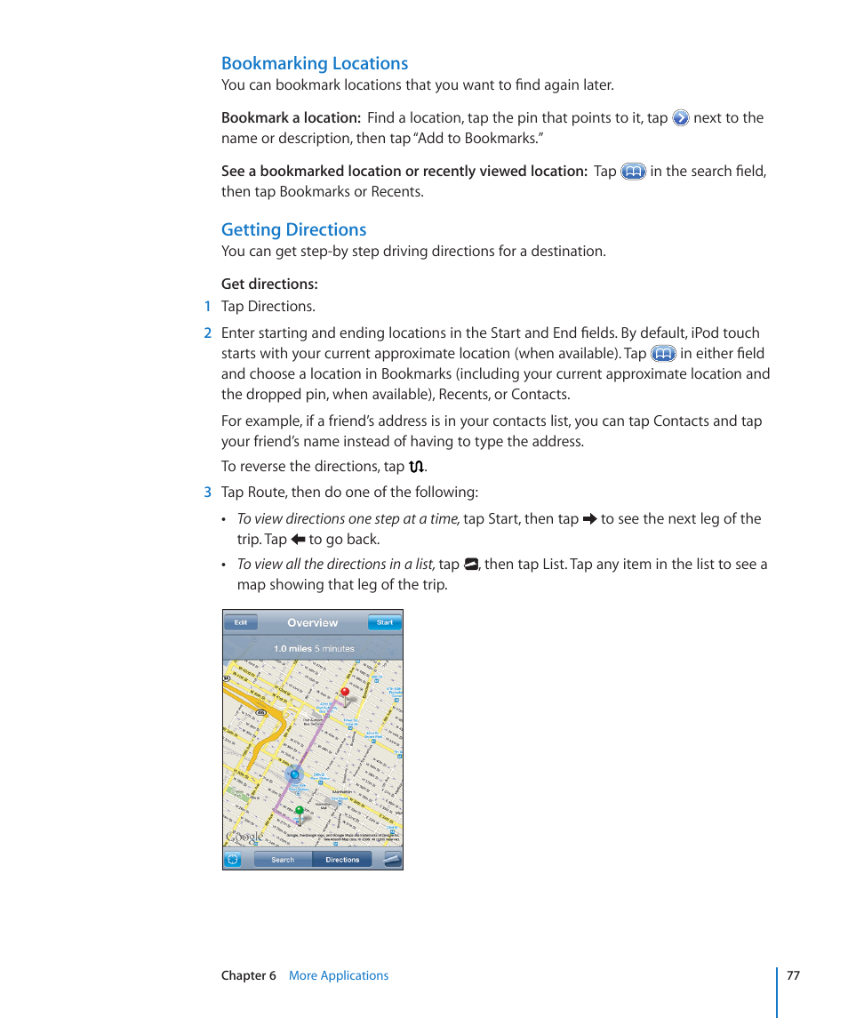 Bookmarking locations, Getting directions | Apple iPod touch iOS 2.0 User Manual | Page 77 / 120
