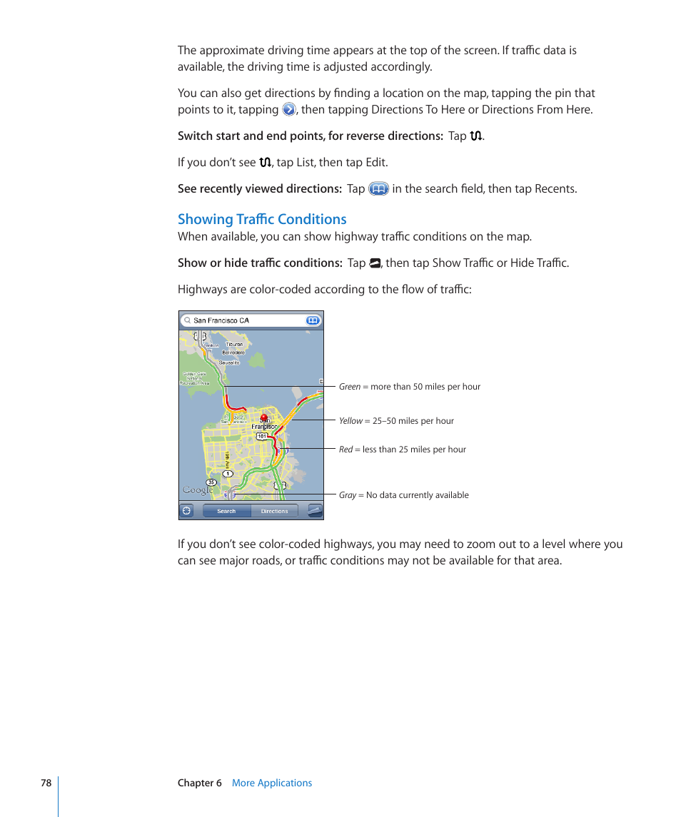 Showing traffic conditions | Apple iPod touch iOS 2.0 User Manual | Page 78 / 120