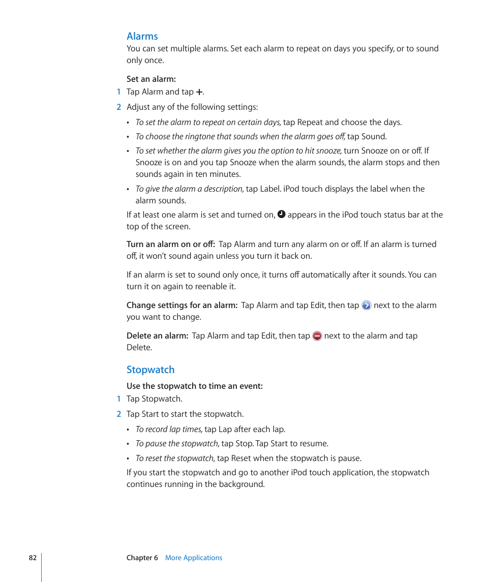 Alarms, Stopwatch | Apple iPod touch iOS 2.0 User Manual | Page 82 / 120