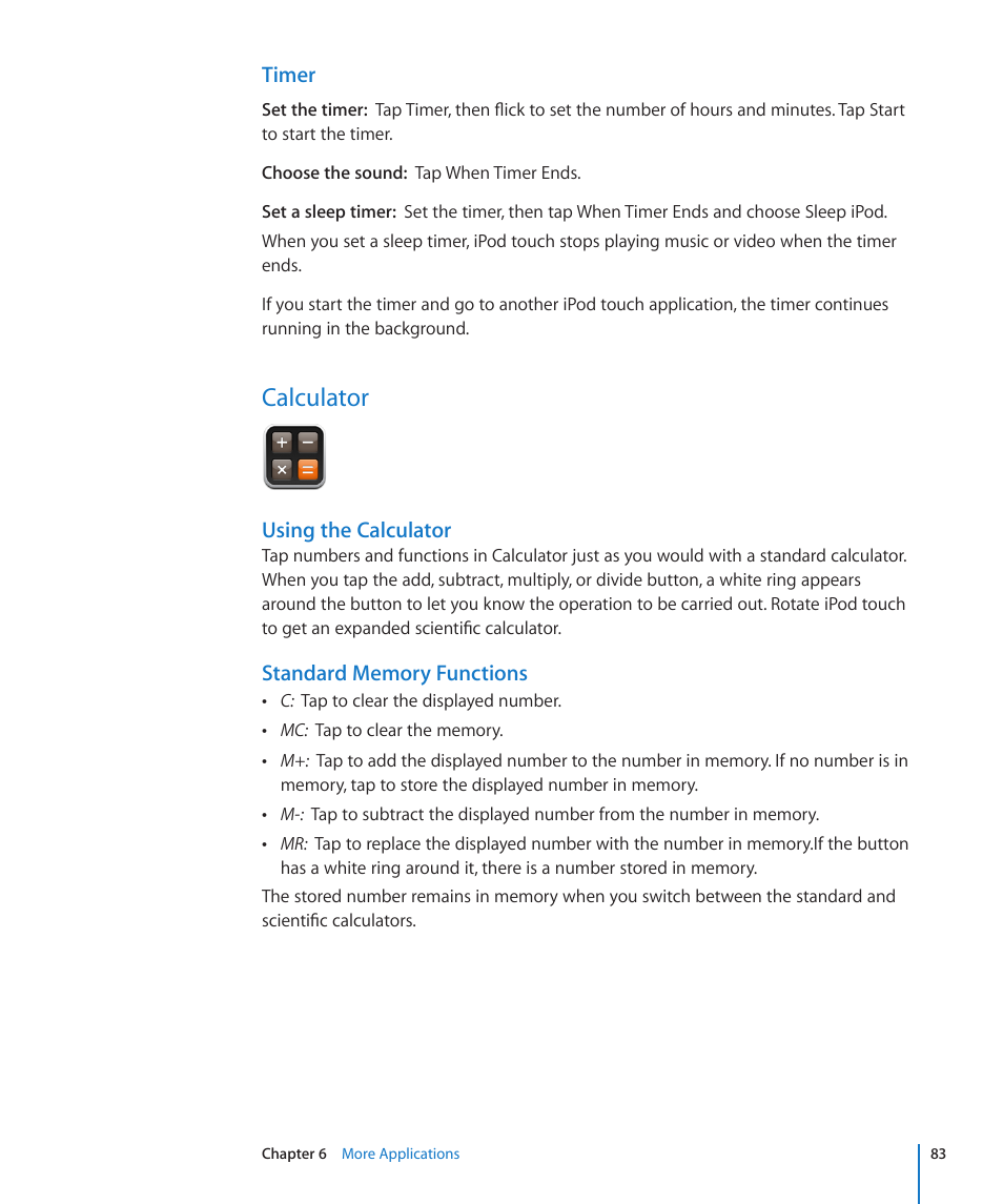 Calculator, 83 calculator, Timer | Using the calculator | Apple iPod touch iOS 2.0 User Manual | Page 83 / 120