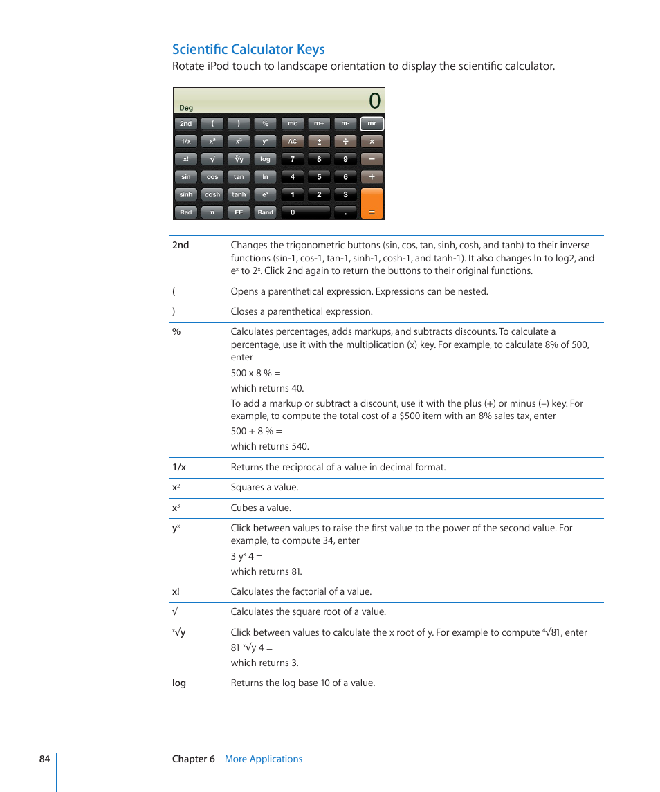 Scientific calculator keys | Apple iPod touch iOS 2.0 User Manual | Page 84 / 120
