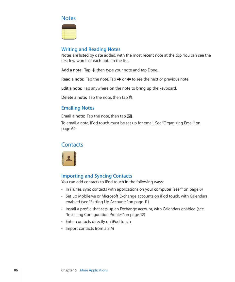 Notes, Contacts, 86 notes 86 contacts | Importing and syncing contacts | Apple iPod touch iOS 2.0 User Manual | Page 86 / 120