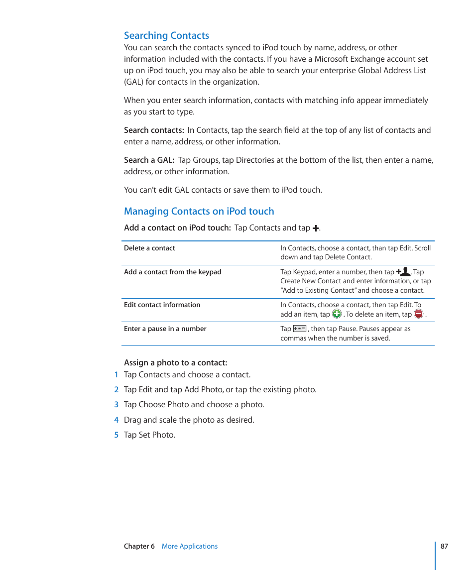 Searching contacts, Managing contacts on ipod touch | Apple iPod touch iOS 2.0 User Manual | Page 87 / 120