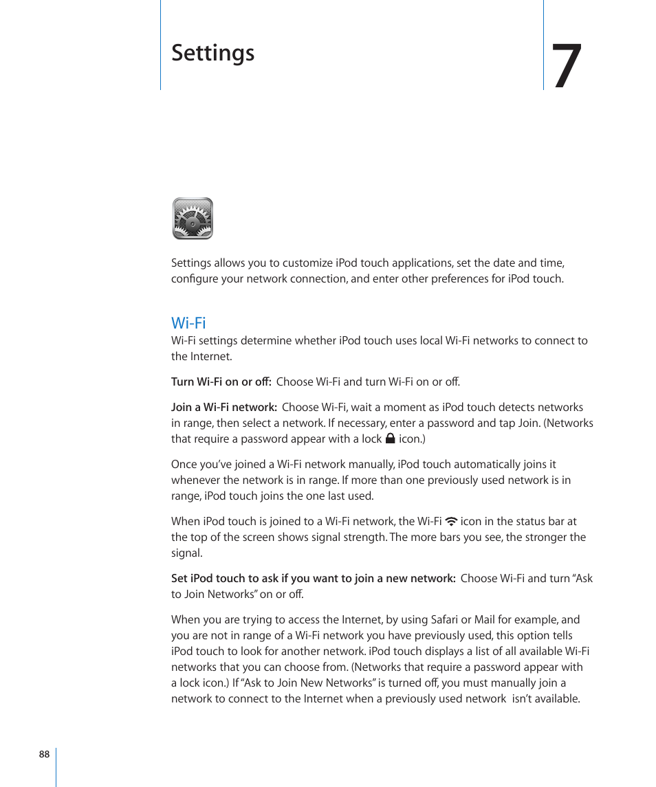 Chapter 7: settings, Wi-fi, 88 wi-fi | Settings | Apple iPod touch iOS 2.0 User Manual | Page 88 / 120