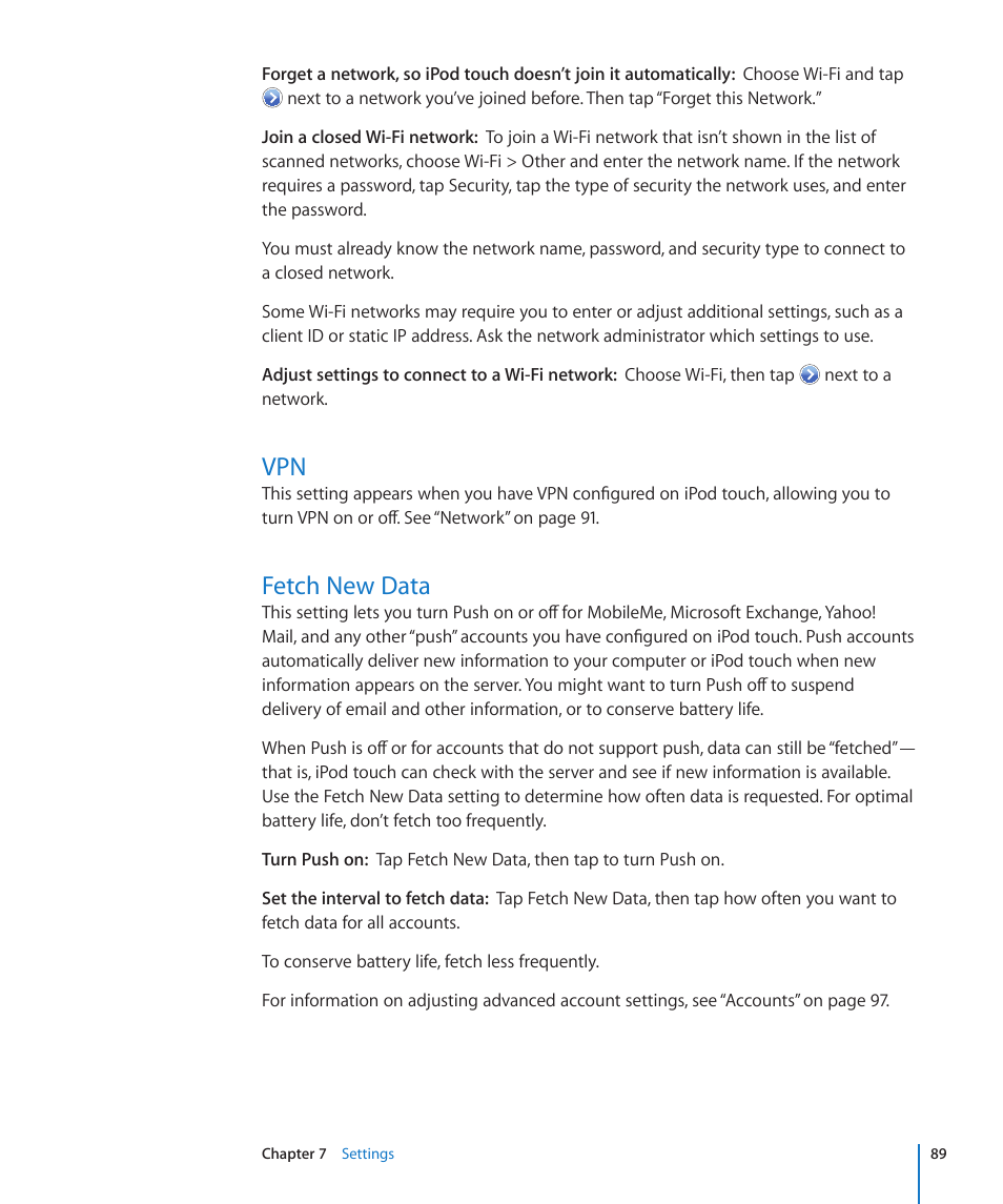 Fetch new data, 89 vpn 89 fetch new data | Apple iPod touch iOS 2.0 User Manual | Page 89 / 120