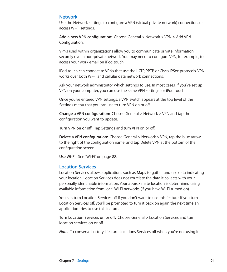 Network, Location services | Apple iPod touch iOS 2.0 User Manual | Page 91 / 120