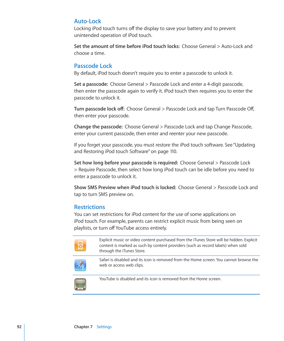 Auto-lock, Passcode lock, Restrictions | Apple iPod touch iOS 2.0 User Manual | Page 92 / 120