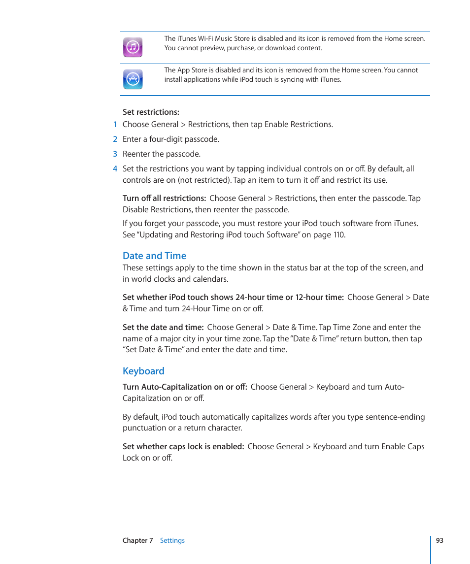 Date and time, Keyboard | Apple iPod touch iOS 2.0 User Manual | Page 93 / 120