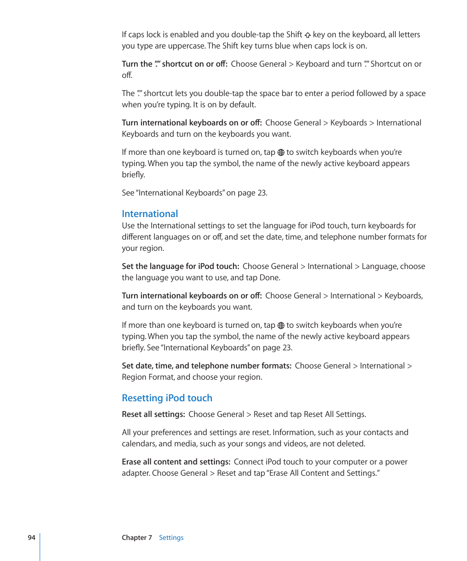 International, Resetting ipod touch | Apple iPod touch iOS 2.0 User Manual | Page 94 / 120