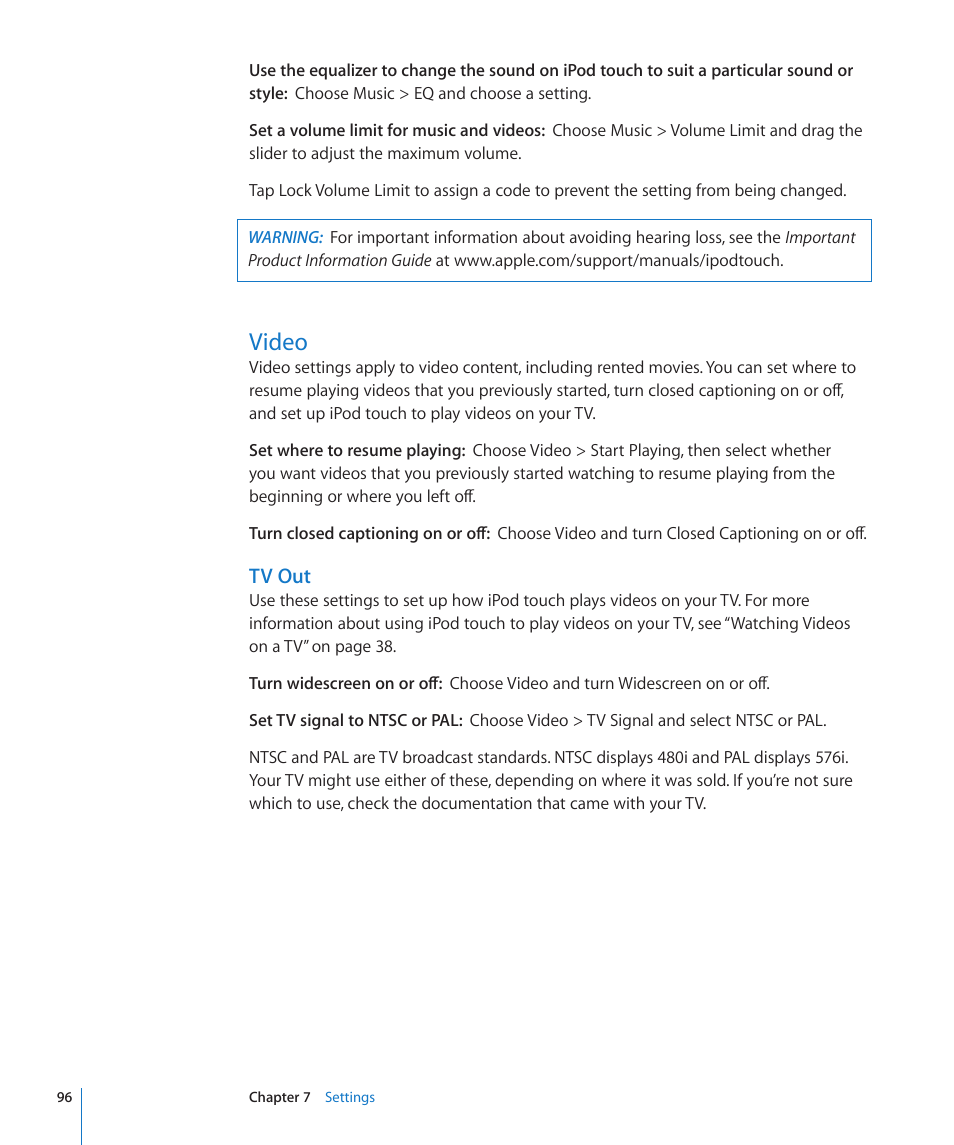 Video, 96 video, Tv out | Apple iPod touch iOS 2.0 User Manual | Page 96 / 120
