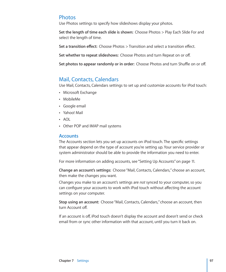 Photos, Mail, contacts, calendars, 97 photos 97 mail, contacts, calendars | Accounts | Apple iPod touch iOS 2.0 User Manual | Page 97 / 120