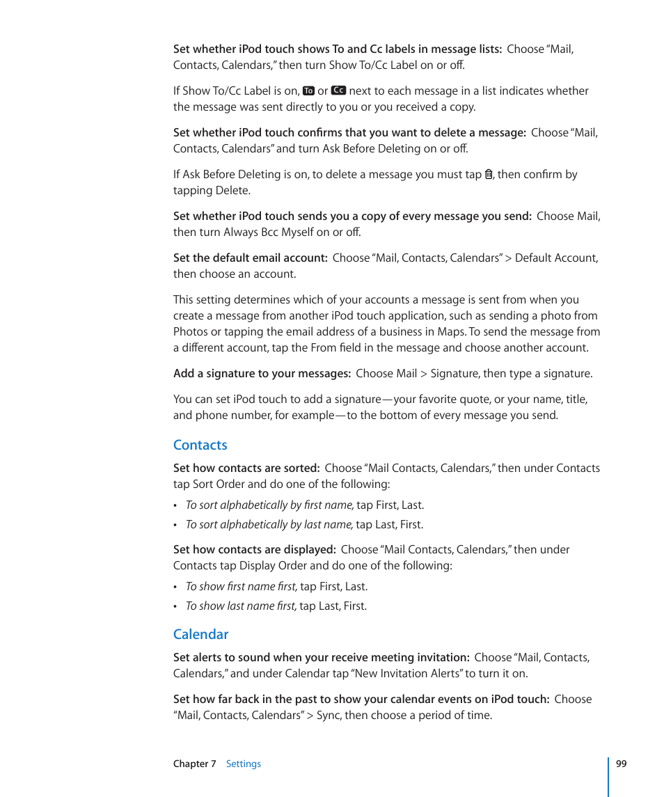 Contacts, Calendar | Apple iPod touch iOS 2.0 User Manual | Page 99 / 120