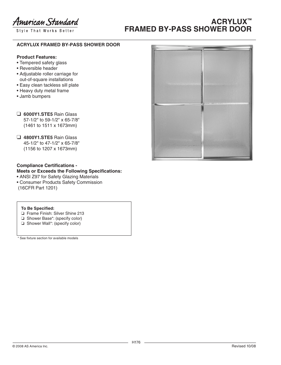 American Standard Acrylux Framed By-Pass Shower User Manual | 1 page