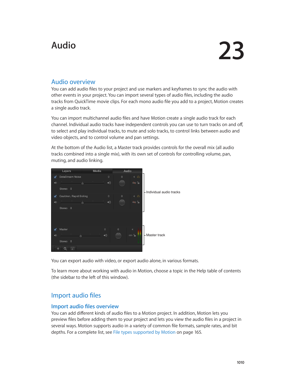 Chapter 23: audio, Audio overview, Import audio files | Import audio files overview, 1010 audio overview 1010 import audio files 1010, Audio | Apple Motion 5.1.1 User Manual | Page 1010 / 1090