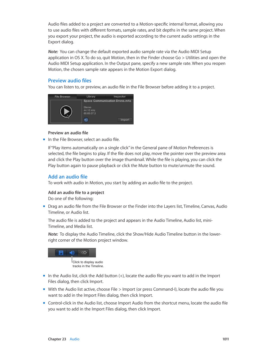 Preview audio files, Add an audio file | Apple Motion 5.1.1 User Manual | Page 1011 / 1090