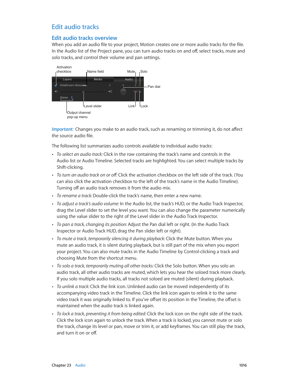 Edit audio tracks, Edit audio tracks overview, 1016 edit audio tracks 1016 | Edit, Audio tracks overview, 1016 and, Acks see | Apple Motion 5.1.1 User Manual | Page 1016 / 1090