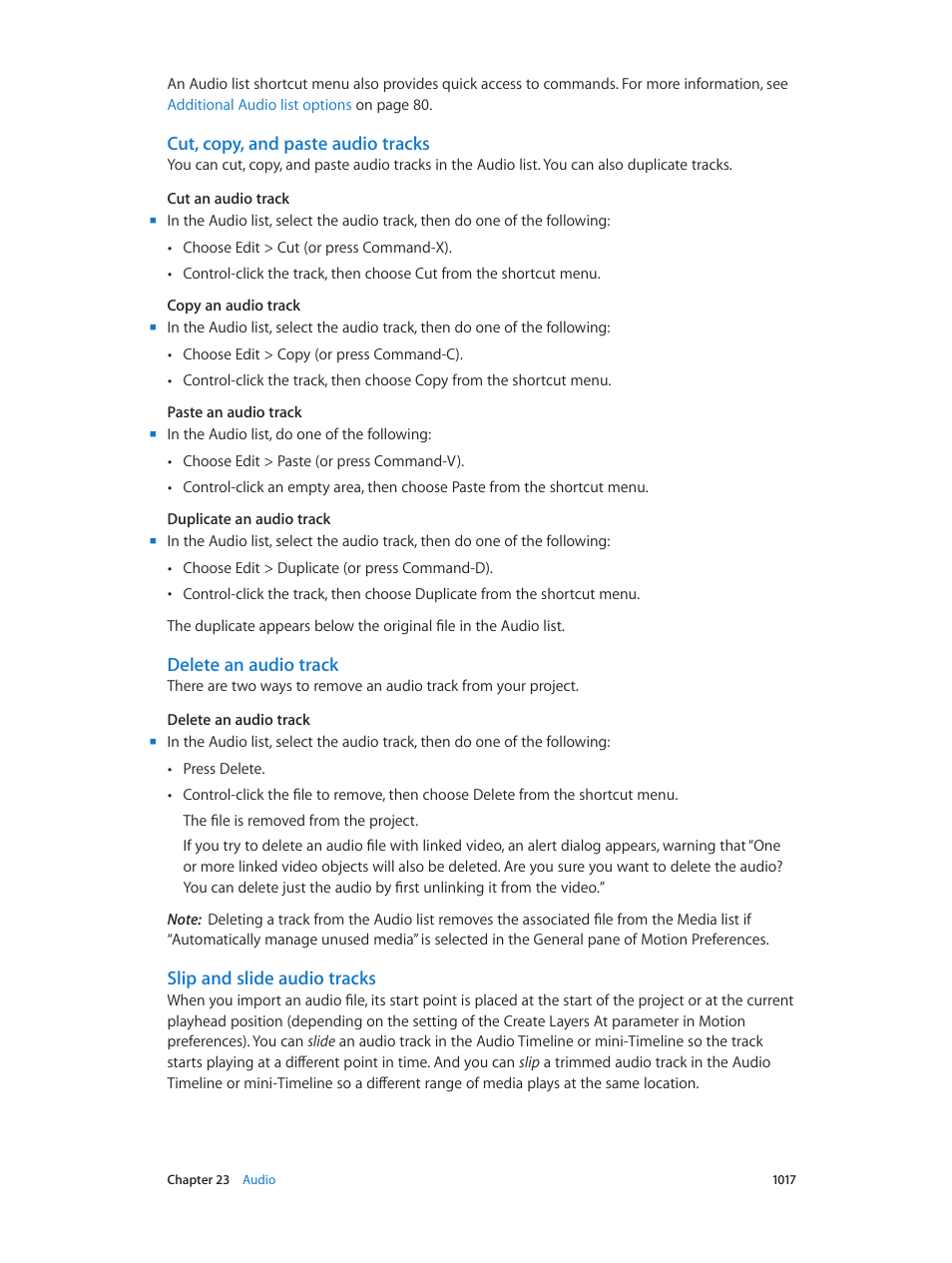 Cut, copy, and paste audio tracks, Delete an audio track, Slip and slide audio tracks | Apple Motion 5.1.1 User Manual | Page 1017 / 1090