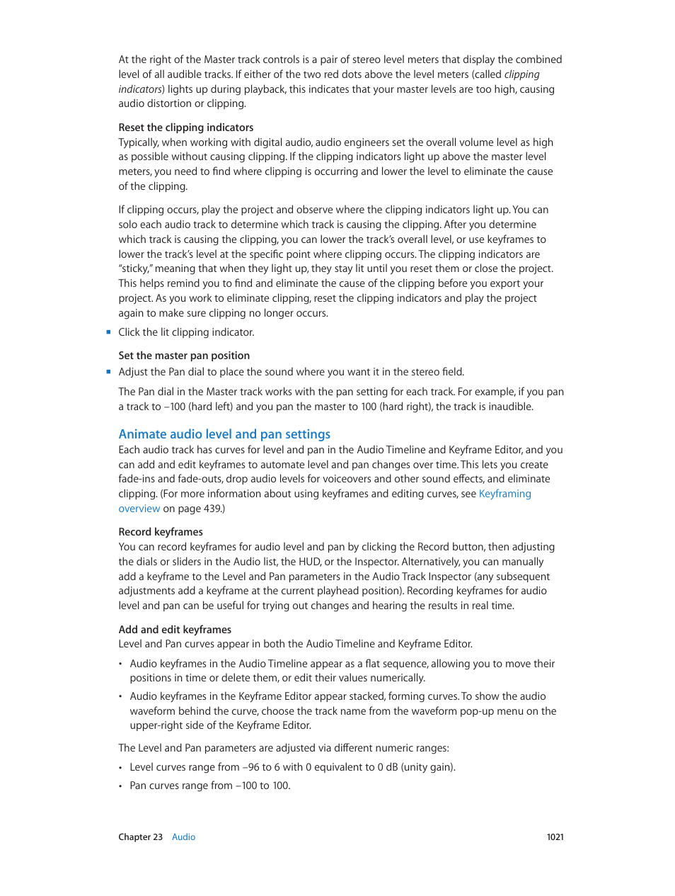 Animate audio level and pan settings | Apple Motion 5.1.1 User Manual | Page 1021 / 1090